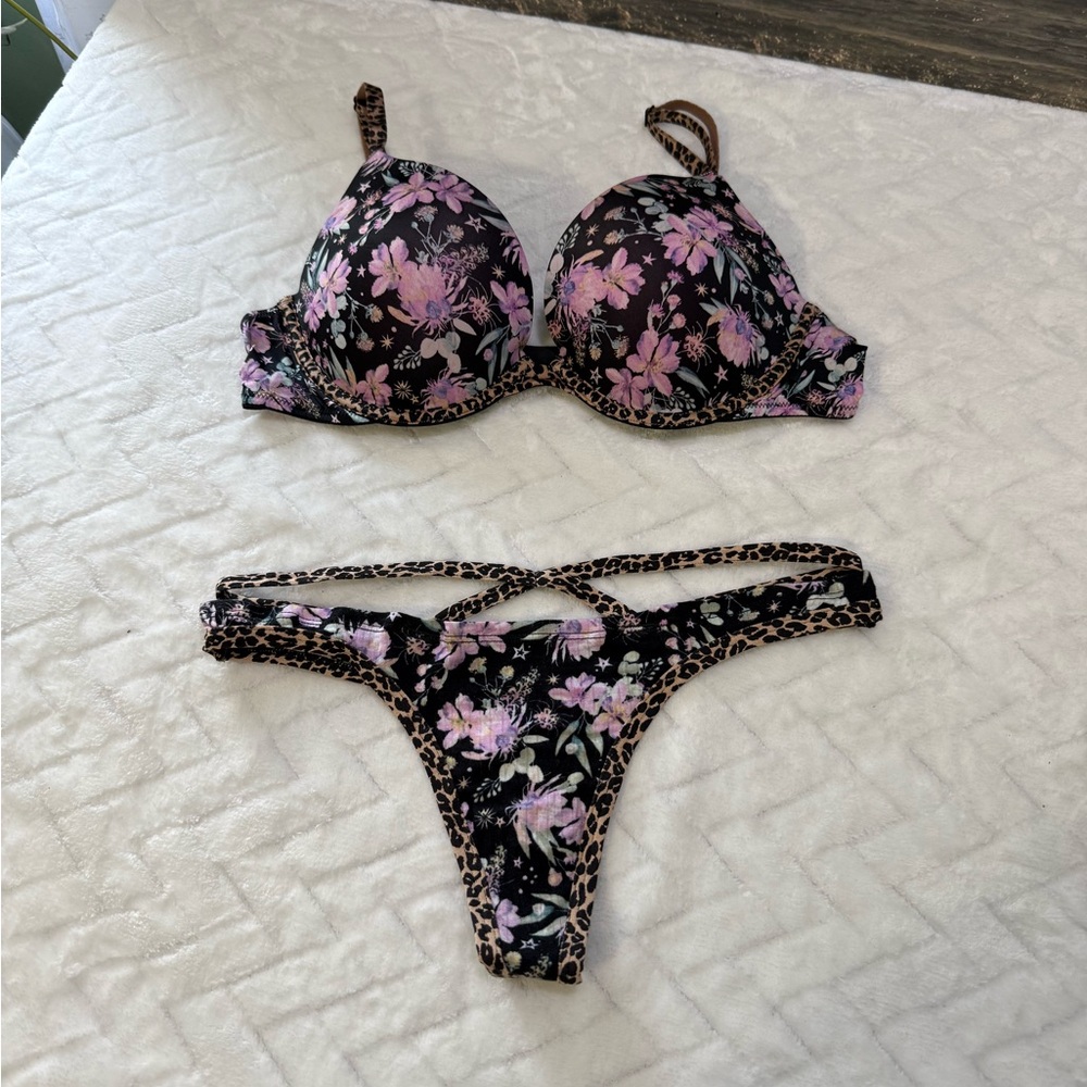 Nwt $49 Victorias Secret T Shirt Push Up Bra Leopard Star Floral 36B Thong M